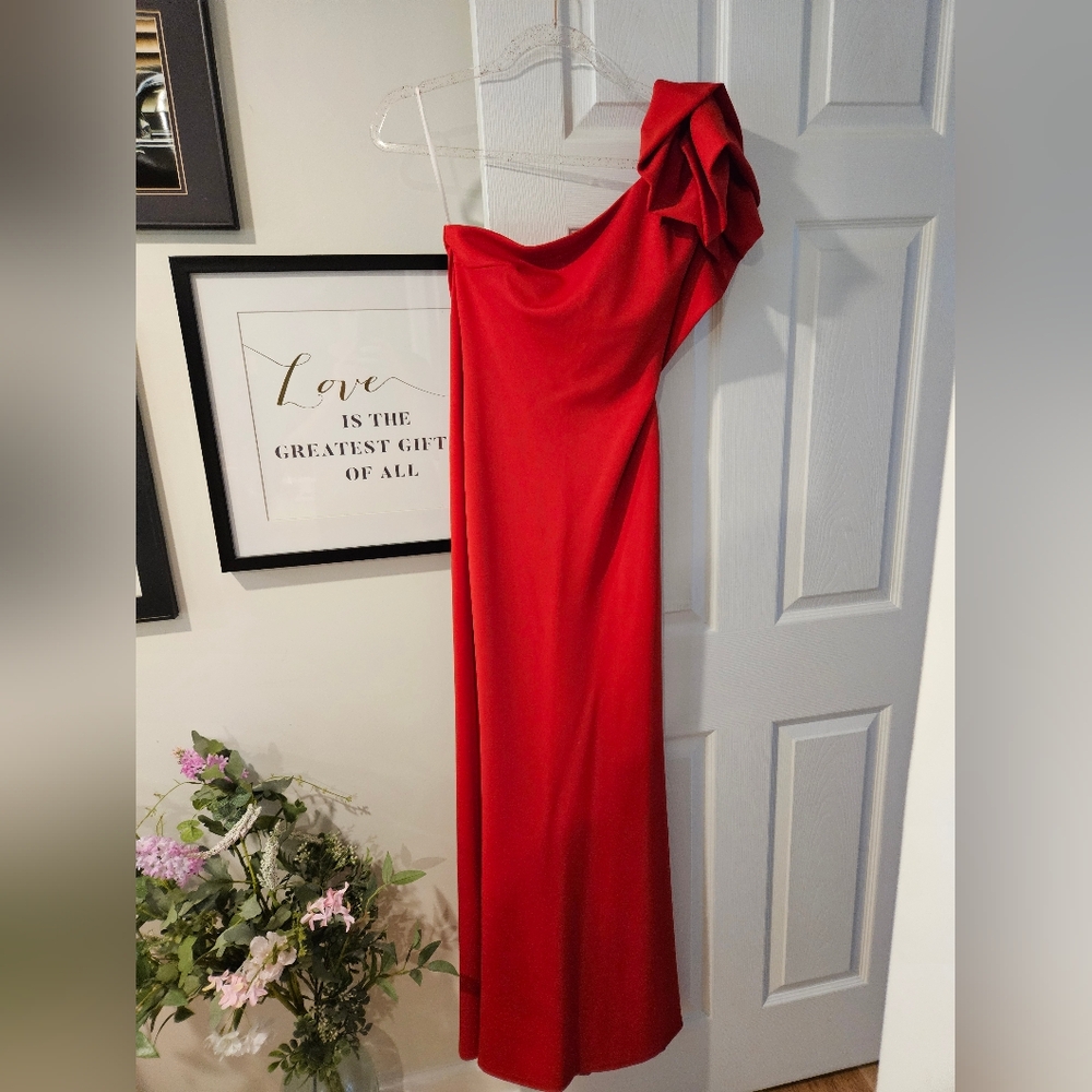 Red maxi dress one shoulder